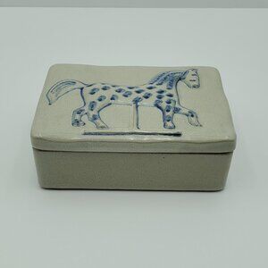 Prestige Place Carousel Horse Trinket Box Gray Ceramic Blue Horse Lidded Dish